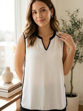 Spense Sleeveless V-Neck Blouse Black Contrast Trim Office White XL